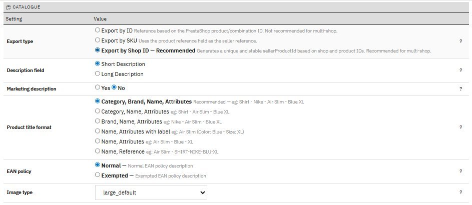 Catalogue settings