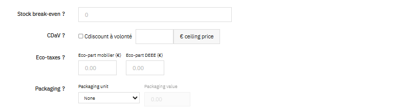 Stock, CDaV, éco-taxes et emballage